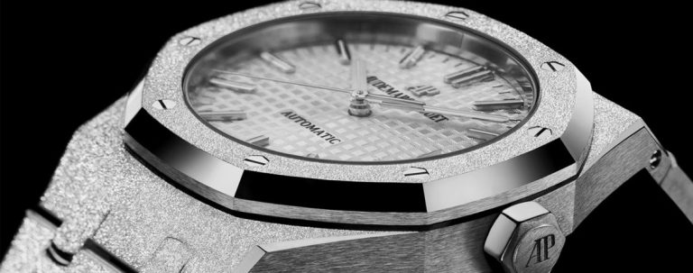 The Audemars Piguet Royal Oak Frosted Gold watch collection includes 33mm and 37mm watches in rose and white gold.