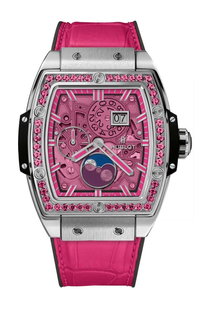 The Hublot Spirit of Big Bang Moonphase tonneau shaped watches feature specially made colored quartz crystals.